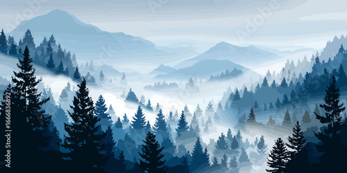 Layered blue mountain landscape with misty valleys and silhouetted pine forests.