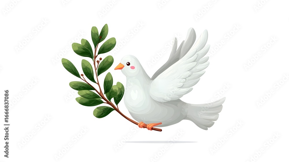 Obraz premium A white dove carrying a sprig of leaves, a timeless symbol of peace and hope. The image evokes feelings of tranquility and goodwill