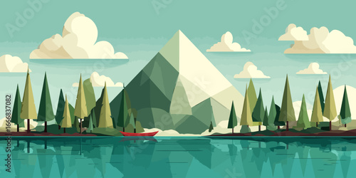 Serene geometric mountain landscape with a pine forest, calm lake, and a solitary red canoe.