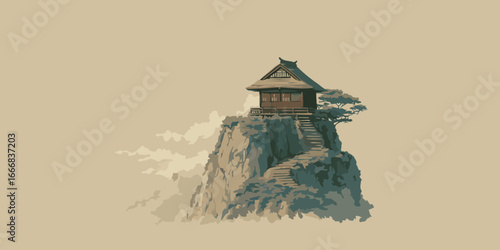 Traditional Japanese temple on a remote rocky cliff with a winding stone staircase.