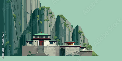 Stylized illustration of a serene Asian monastery with green roofs and stone walls, nestled against sheer, jagged mountain cliffs.