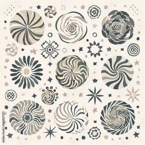 A collection of handdrawn vector illustrations the set includes various swirls stars suns and other celestial bodies3
