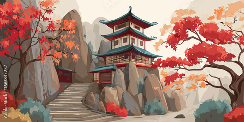 A multi-tiered Japanese pagoda with a blue-green roof, perched on a rocky cliff amidst red autumn foliage.