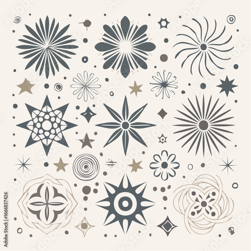 A collection of handdrawn vector illustrations the set includes various swirls stars suns and other celestial bodies4
