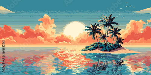 Vibrant pixel art of a tropical island with palm trees during a serene orange sunset.