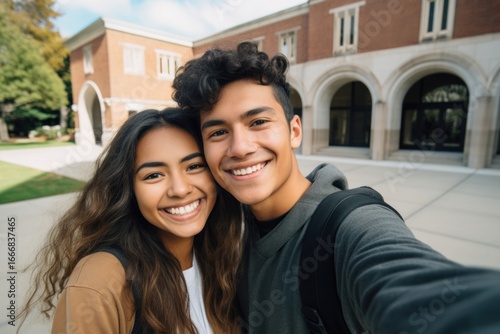 Wallpaper Mural Teen hispanic couple smiling together selfie portrait outdoors. Torontodigital.ca