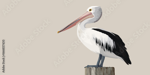 Stylized Australian pelican with white and black plumage perched on a wooden post.