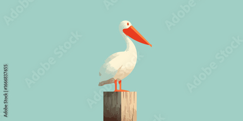 Stylized white pelican with a vibrant orange beak perched on a weathered wooden post.