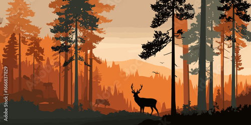 Layered forest landscape with majestic deer and pine tree silhouettes during a warm, orange dusk.
