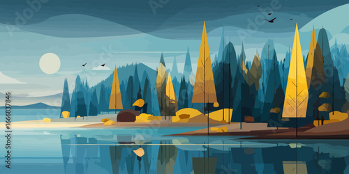 Stylized landscape of a tranquil lakeside forest with geometric trees and reflections.
