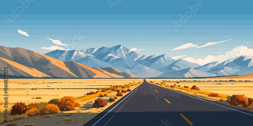 Stylized vector illustration of a desert highway leading towards a majestic, snow-capped mountain range.
