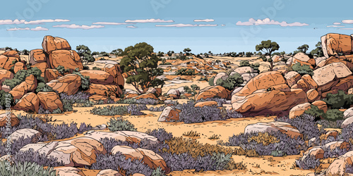 Stylized comic art of a vast, rocky desert landscape with scattered boulders, shrubs, and trees under a blue sky.