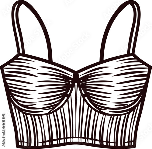Hand drawn vintage crop top bralette with straps in black and white isolated illustration