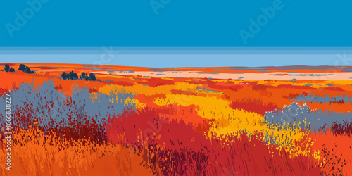 Vibrant digital illustration of an autumn landscape with fiery red and orange fields under a clear blue sky.