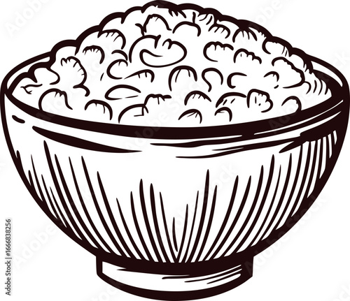 Hand drawn bowl filled with cottage cheese curds in vintage engraving sketch illustration