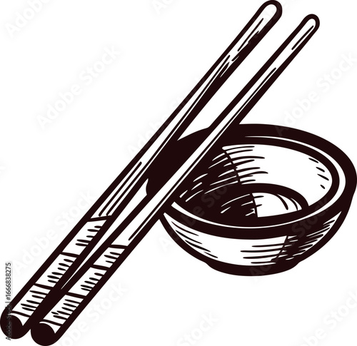 Hand drawn wooden chopsticks resting on small round bowl in vintage engraving illustration