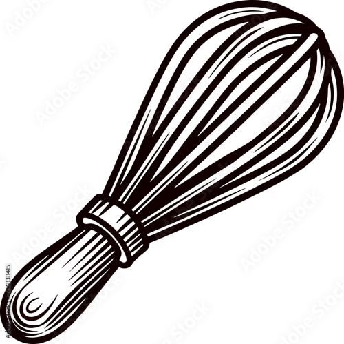 Hand drawn illustration of a kitchen whisk utensil with wooden handle in vintage engraved