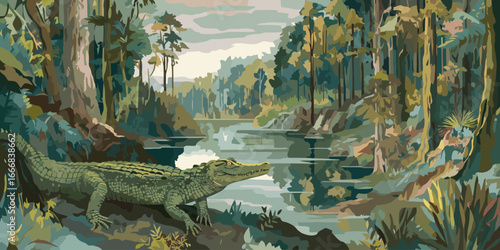 A stylized green crocodile with scaly skin and a slight smile, illustrated in a graphic, blocky art style.
