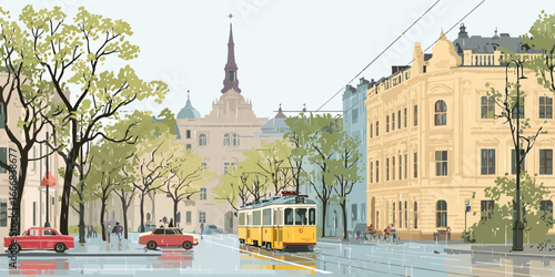 Stylized illustration of a European city street with a yellow tram, historic buildings, and wet, reflective pavement after rain.