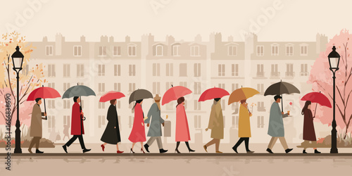 Stylized illustration of a diverse crowd of people walking in a line with colorful umbrellas.