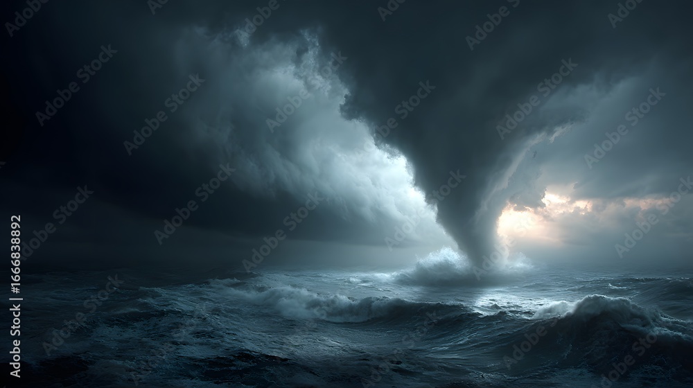 Fototapeta premium Dramatic Sea Tornado Amidst Dark Clouds and Turbulent Waters