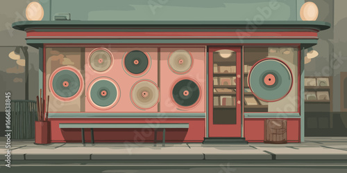Illustrated retro record store facade with a vintage vinyl display in muted red and teal tones.