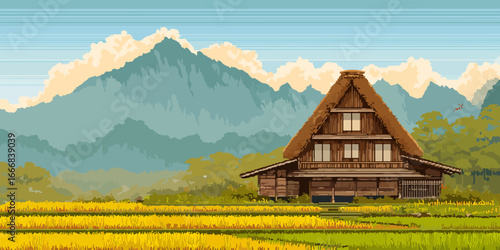Traditional Japanese Gassho-zukuri farmhouse with a steep, textured thatched roof.