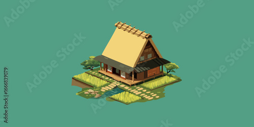 Traditional Japanese farmhouse with a steep thatched roof in a stylized isometric vector illustration.