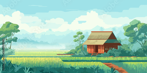 Idyllic rural Asian landscape with a traditional hut, vibrant rice fields, and misty mountains in a flat illustrative style.