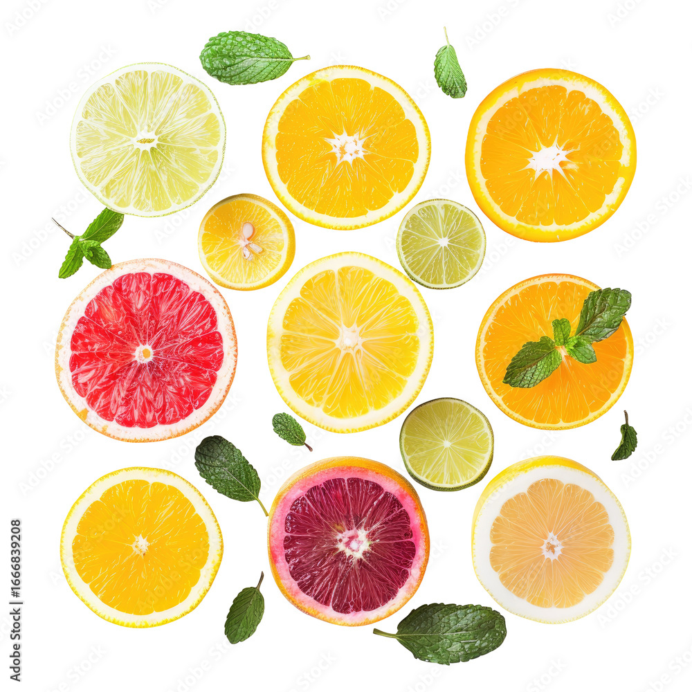 Obraz premium Citrus slices arranged in a grid pattern