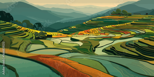 Vibrant illustration of colorful, cascading rice terraces on rolling hillsides.