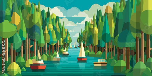 Flat design vector illustration of sailboats on a river flowing through a dense, geometric green forest.