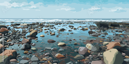 A serene, stylized illustration of a rocky beach with calm, shallow water and distant waves.