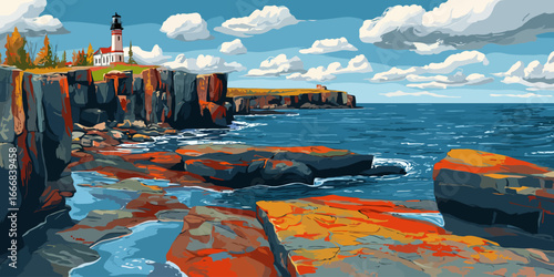 Vibrant vector illustration of a lighthouse on a dramatic, rocky cliffside overlooking the sea.