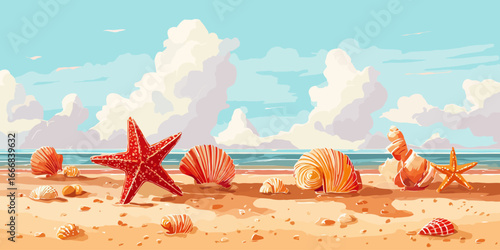 Vibrant red starfish and colorful assorted seashells resting on the warm, sandy shore.