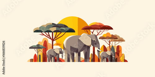 Geometric elephant family with two calves in a vibrant, stylized African savanna landscape.