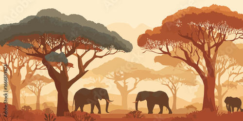 Stylized African savanna landscape with a family of elephants walking among large acacia trees.