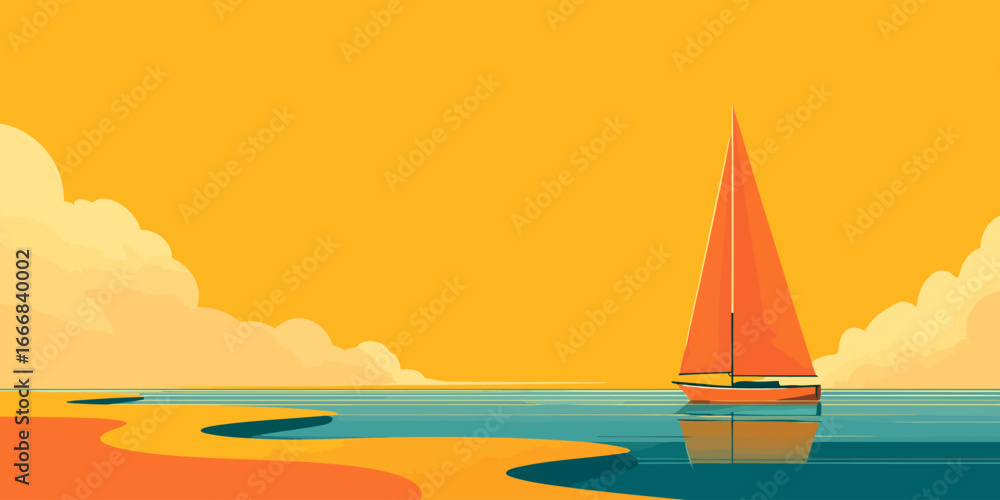 Naklejka premium Vibrant minimalist illustration of an orange sailboat on calm teal water at sunset.