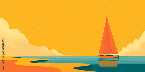 Vibrant minimalist illustration of an orange sailboat on calm teal water at sunset.
