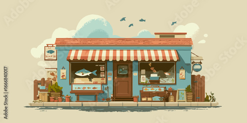 Charming illustrated fish shop with a blue facade, striped awning, and outdoor fish tanks.
