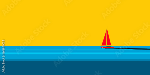 Vibrant red racing sailboat with a tall mainsail, depicted in a minimalist graphic style.