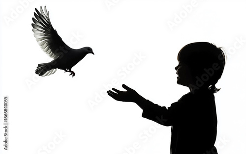 A Silhouette of a Child Releasing a Dove Isolated On White Background.