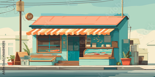 Charming teal fish market with a striped orange awning and fresh seafood display.