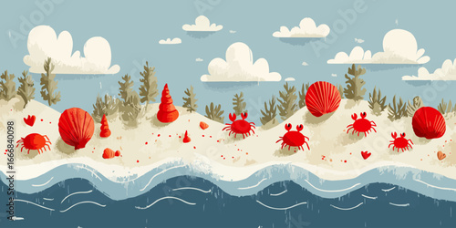 A charming panoramic illustration of a sandy beach with vibrant red crabs and seashells.