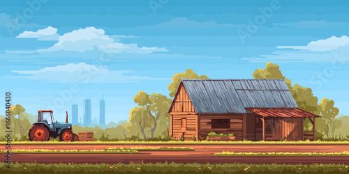 Stylized rural landscape featuring a rustic wooden barn with a metal roof and a vintage tractor.