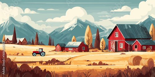 Scenic farm landscape illustration with red barns, a tractor, and majestic mountains.
