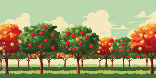 Stylized illustration of a vibrant apple orchard with red and yellow fruit during the autumn harvest season.