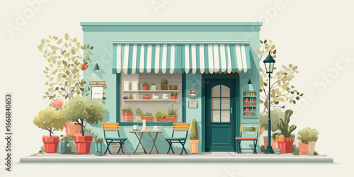 Charming mint green storefront illustration with a striped awning, teal door, and potted plants.
