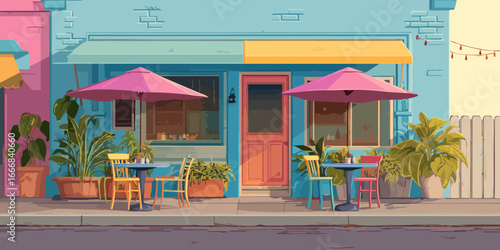 Charming street cafe illustration with a blue facade, pink umbrellas, and outdoor tables.