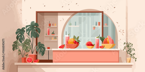 Modern juice bar counter illustration with fresh fruits, smoothies, and monstera plants in a warm, minimalist style.